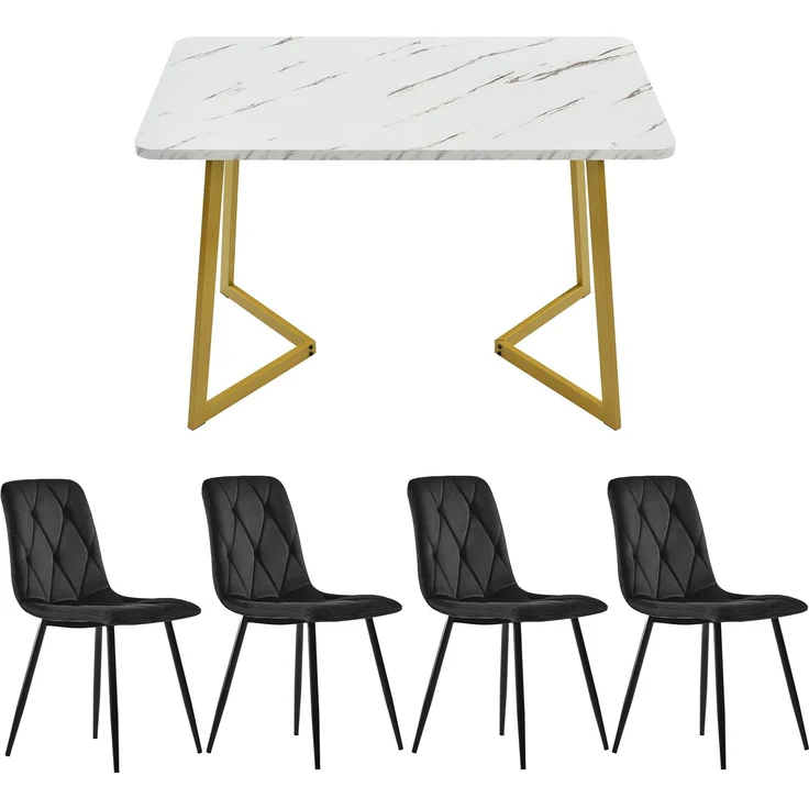 Essgruppe 5-teilig mit Esstisch 117×68 cm in Marmoroptik und 4 schwarzen Samtstühlen, moderner rechteckiger Küchentisch Set – Bild 4