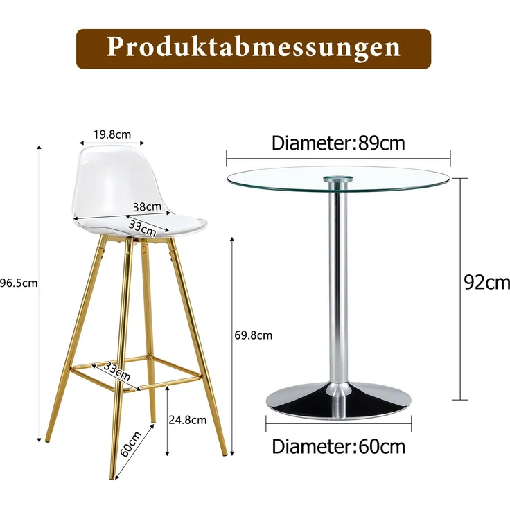 Flexibles Bar-Set: Runder Glastisch mit 89 cm Durchmesser + 2 Barhocker mit goldfarbenen Beinen.• Transparente Optik • Vielseitig einsetzbar •Schafft visuelle Weite und spart Platz, Flexibles Bar-Set: Runder Glastisch mit 89 cm Durchmesser + 2 Barhocke... – Bild 2