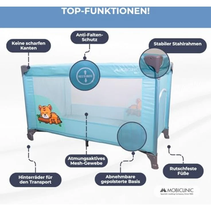 Mobiclinic®, Reisebett, Tragetasche, 2 in 1, Ultrakompakt faltbar, Herausnehmbare matratze, Mofli, Bis zu 15kg, Atmungsaktives gewebe, Seiteneingang mit reißverschluss, Baby laufstall (himmelblau) – Bild 5