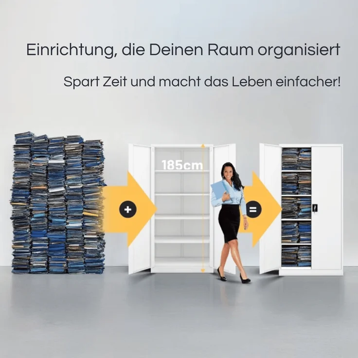 Aktenschrank abschließbar KADO - 5 Ebenen verstellbar, Flügeltüren | Metallschrank Werkstatt Mehrzweckschrank Büroschrank aus Stahl Werkzeugschrank, 185x90x40cm Weiß – Bild 3