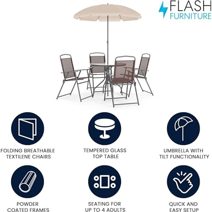 Flash Furniture Nantucket Garten-Set, 6-teilig, Braun, mit Tisch, Sonnenschirm und 4 Klappstühlen – Bild 3