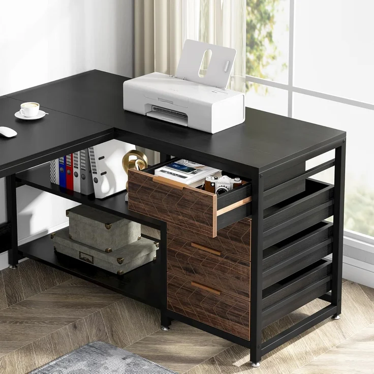 LITTLE TREE 59-Zoll-L-förmiger Schreibtisch mit Schubladen, großer Computertisch mit Ablagefächern, umkehrbarer L-förmiger Eckschreibtisch für das Homeoffice – Bild 7