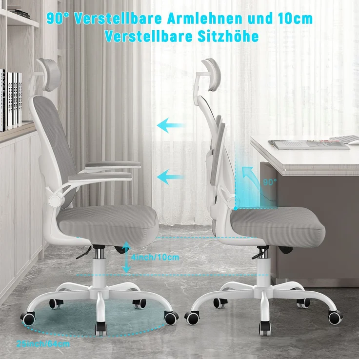 Botifly Ergonomischer Bürostuhl mit Kopfstütze, Mesh-Gewebe, Grau, 90°-120° Wippfunktion, 10 cm Höhenverstellbar, mit Lendenwirbelstütze, 52 x 26 x 57 cm – Bild 4