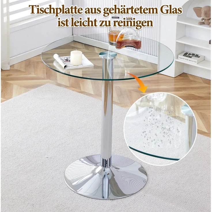 Bartisch-Set mit Glasplatte & 2 Barhockern, Ø 89x92 cm, Gold/Silber/Transparent – Bild 7