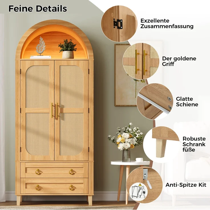 Hochschrank 76 x 40 x 179,5 cm in Natur mit Rattan-Dekor und App-gesteuerter LED-Beleuchtung – Bild 9