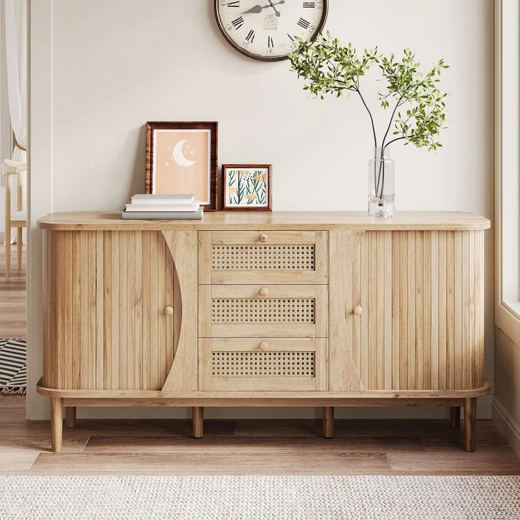 Merax Sideboard, Rattan, mit Schiebetüren, verstellbaren Einlegeböden und abgerundeter Platte, Holzfarbe, 76 x 140,5 x 40 cm – Bild 2