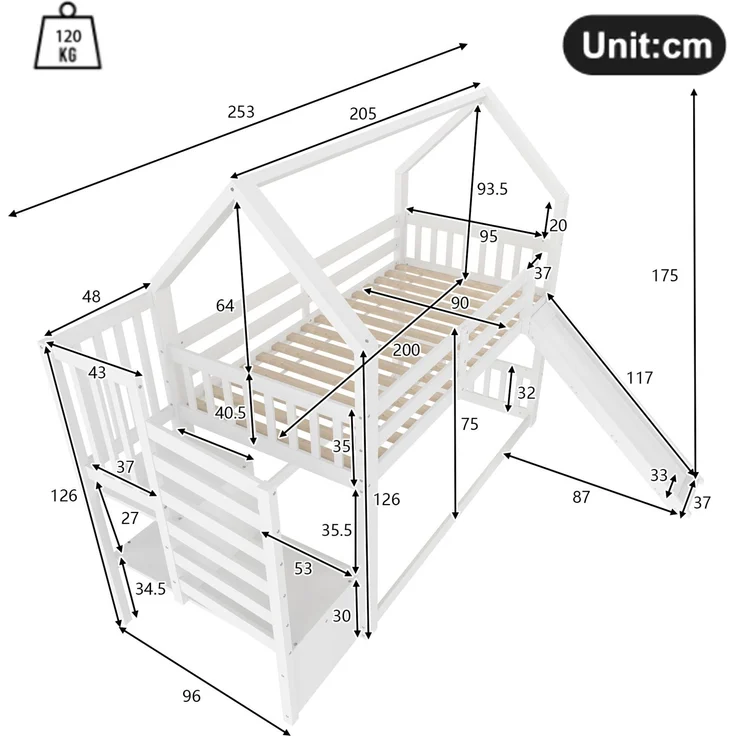 CHICFURN Etagenbett aus Kiefernholz und MDF Weiß 90x200 cm mit Stauraumtreppe und Rutsche – Bild 9