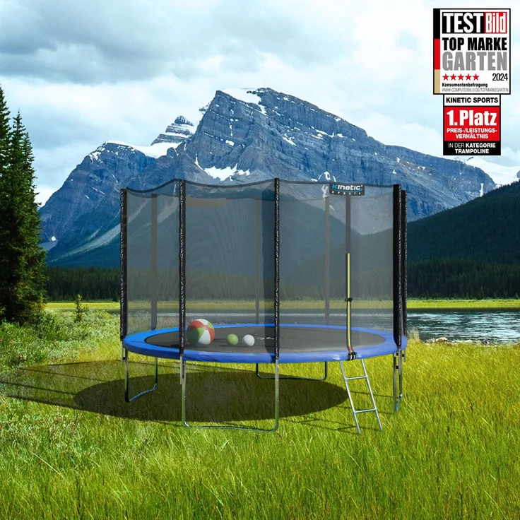 KINETIC SPORTS Trampolin Outdoor 'Salto Plus' - Komplett-Set für Kinder, USA Sprungtuch, Netz, Randpolster, Leiter, Blau-4, Ø 335 cm – Bild 2