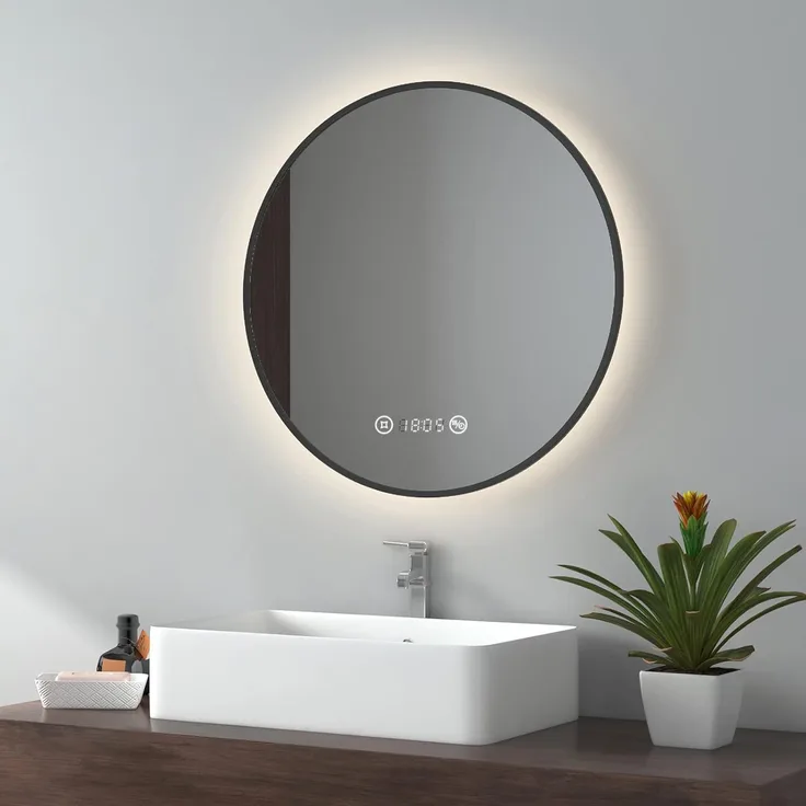 EMKE LED Badspiegel ф60cm Schwarzer Rand, Beschlagfrei, Uhr, Temperatur, Dimmbar, Memory-Funktion Neutrales Licht Wandspiegel