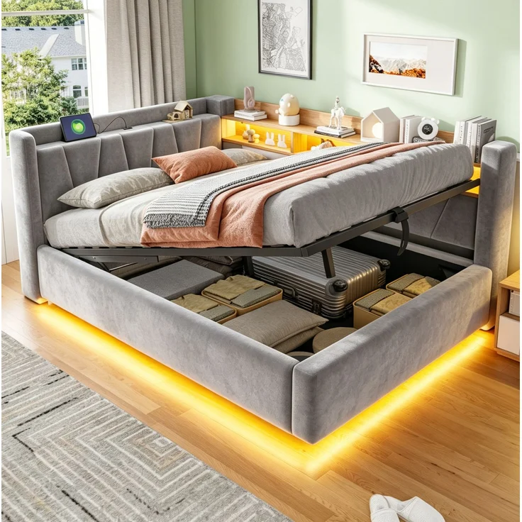 Schlafsofa Samt mit Stauraum, USB-Anschluss & LED, 140x200 cm, Grau, ohne Matratze – Bild 2