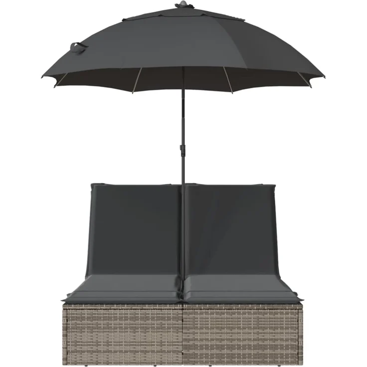 Doppel-Sonnenliege, Gartenliege mit Kissen & Sonnenschirm Grau Poly Rattan – Bild 4