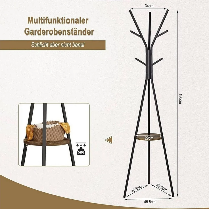 Woltu Kleiderständer, (1 St), mit 9 Haken und 1 Ablage, für Kleidung Hüte Taschen – Bild 3