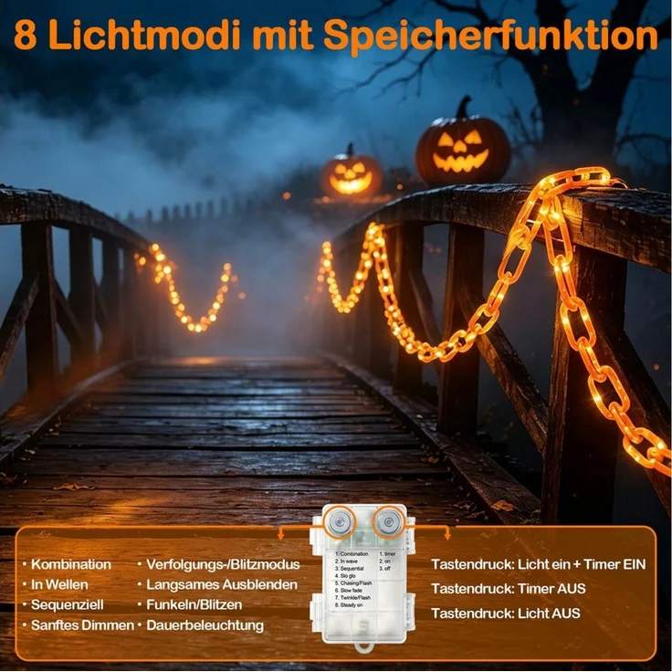 OZAVO LED-Lichterkette Halloween Lichterkette 3,2 m mit 175 LEDs, 8 Lichtmodi &Timer-Funktion, USB & Batteriebetrieben,Halloween Deko für Garten, Veranda, Spukhaus – Bild 3