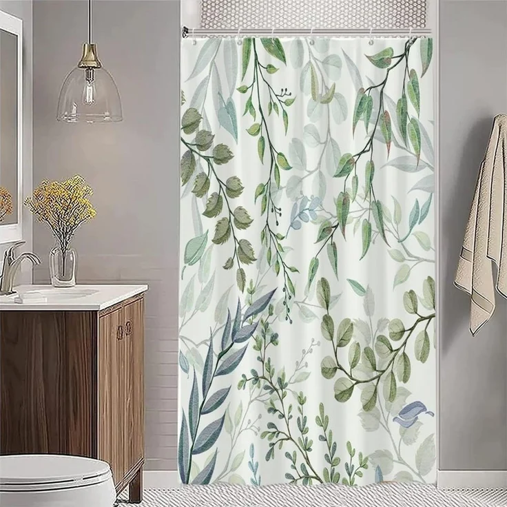 FOUORTUNATE-BEE Duschvorhang Duschvorhang mit Eukalyptus-Blätter-Motiv, aus Polyesterstoff Breite 120 cm, wasserdicht und schimmelresistent, waschbar, für Badezimmer – Bild 3