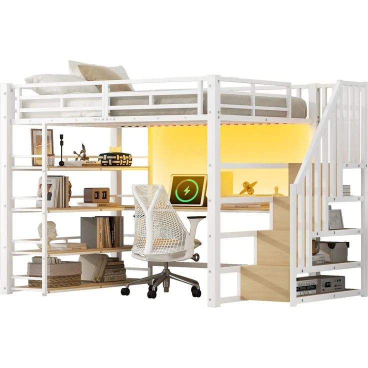 Hochbett mit RGB LED-Streifen, Schreibtisch, Lattenrost, Regal und USB, Treppe mit Regal, 140x200 cm, Kinderbett mit Rausfallschutz, Metallbett – Bild 5