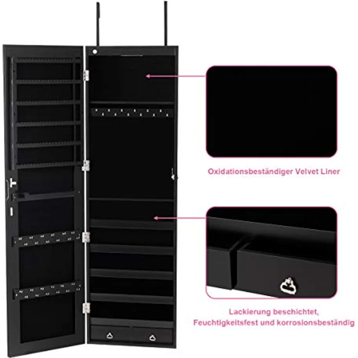 COSTWAY Schmuckschrank mit LED Beleuchtung, Schmuckregal haengend mit Spiegel, abschliessbar mit Schlüsseln, 120 cm hoch, schwarz – Bild 7