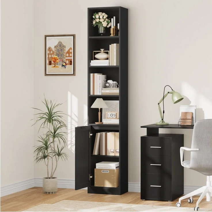 Homfa Bücherregal mit 6 Ebenen Bücherschrank Standregal mit Tür Eckregal, Hochschrank, Billy Regal für Homeoffice Bad, schwarz, 35 x 24 x 186,4 cm – Bild 3