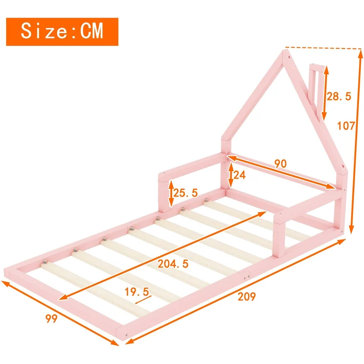 Bett 90x200 cm Hausform aus Kiefer massiv in Rosa – kindgerechtes, schlichtes Design – Bild 6