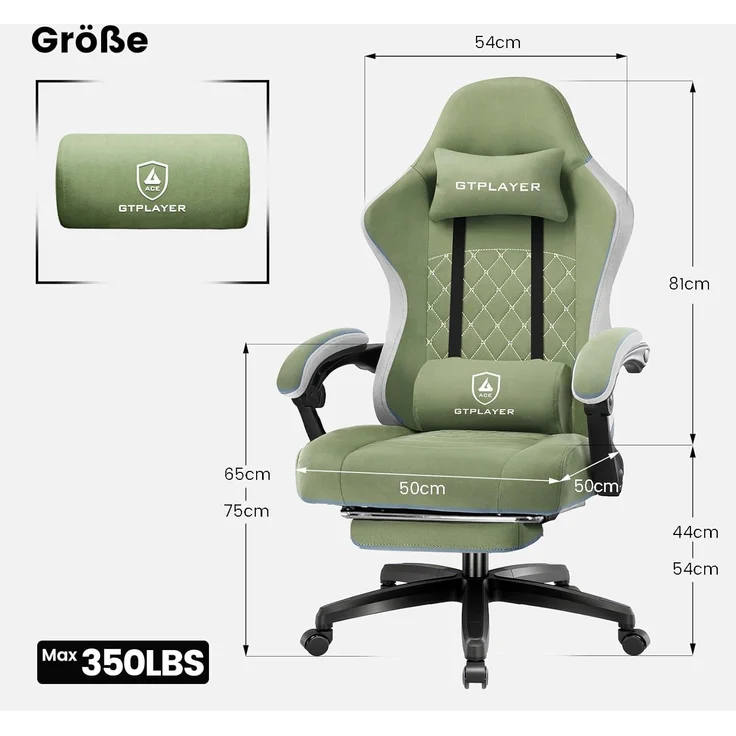 GTPLAYER Gaming Stuhl Stoff, Gaming Sessel mit Taschenfederkissen, ergonomischer Drehstuhl, Gamer Stuhl mit Fußstütze150 kg Belastbarkeit, grün – Bild 2