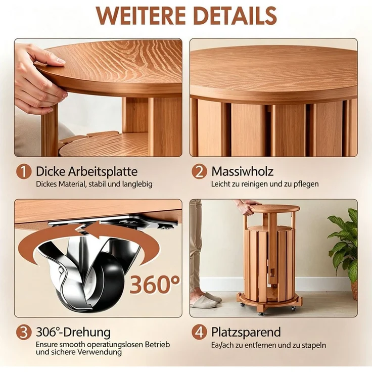 Rutaqian Sitzhocker Massivholz Stapelhocker 4er Set mit Rollen, runde Hocker (Ein 4-teiliges Set), 4 Hocker als ein Möbelstück – stapelbar, Massivholz & mit Rollen – Bild 4