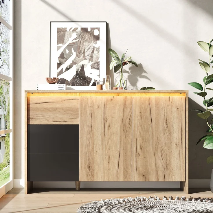 Merax Sideboard, Küchenschrank, Kommode mit 3 Schubladen und 2 Türen, Mehrfarbige LED-Lichteffekte, Buffetschrank für Wohnzimmer, Esszimmer, Holzfarbe&Schwarz – Bild 5
