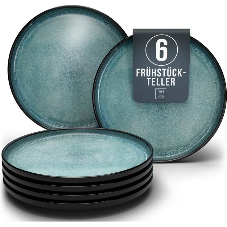 Steingut Frühstücksteller 6 Pers. Ibiza Hochwertiges Mediterranes TEST SEHR GUT Dessertteller Set - Kuchenteller spülmaschinen- und kratzfest - Kleine Teller, Salatteller Pure Living in Petrol – Bild 1