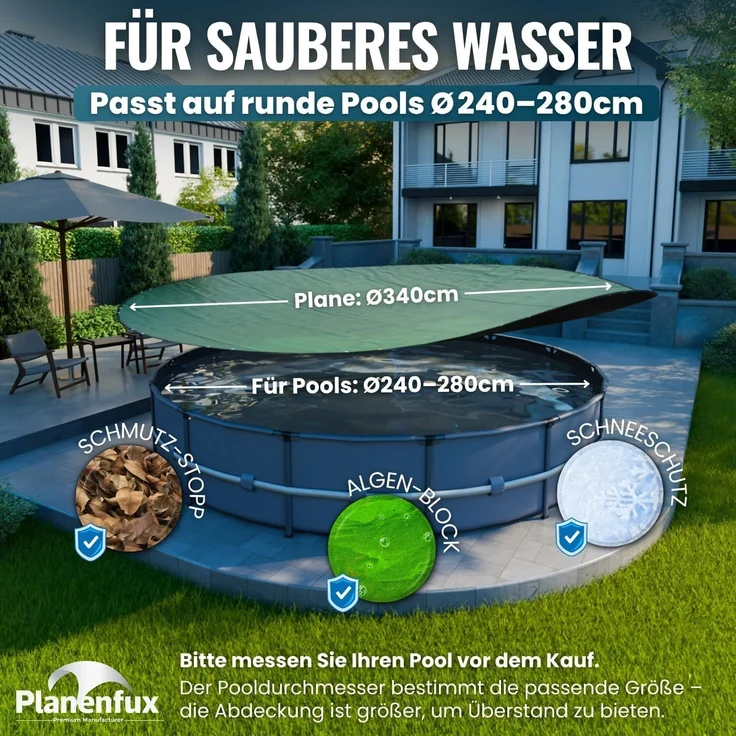 Planenfux® Pool-Abdeckplane Beidseitig nutzbare 2-in-1 Poolplane für Rundpools, Ø 244 - 280 cm Poolabdeckung rund aus verstärktem 200g/m² PE Material – Bild 2