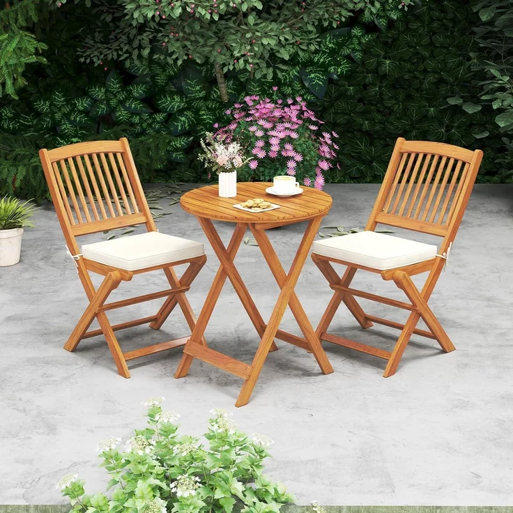 3tlg. Gartenmöbel Set Akazienholz klappbar Rundtisch 2 Stühle Kissen Beige – Bild 8