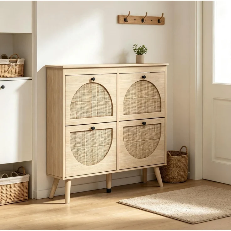 DESVIAE Garderobenschrank Schuhschrank Naturholz aus Spanplatte/Rattan – 105x97,5x24 cm – 4 Klappfächer – Bild 3