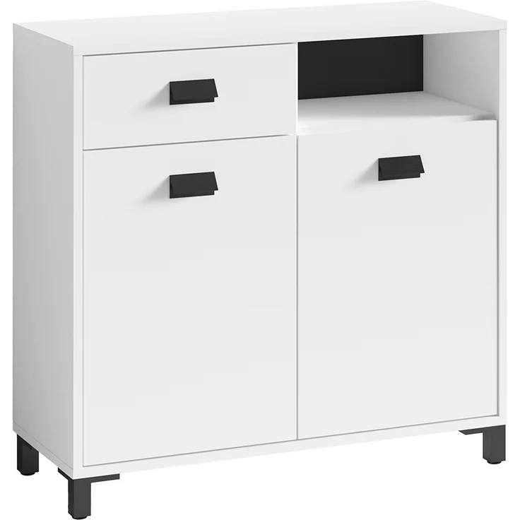 byLIVING Badezimmer Kommode WELLNESS in Melamin weiß, Griffe aus Metall in schwarz / Badschrank mit einer Schublade und zwei Türen / B 80,5, H 77,5, T 31 cm – Bild 2