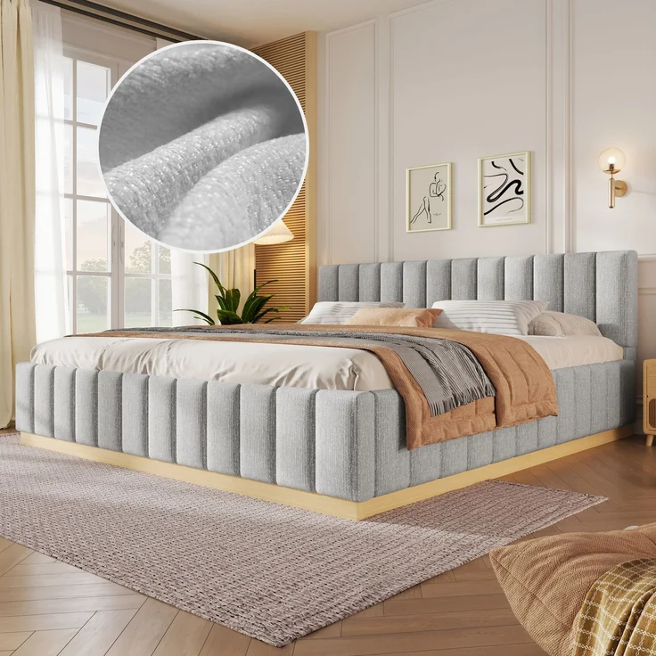 Polsterbett, Doppelbett, 180 x 200 cm, Bett mit Lattenrost, Kopfteil,Gepolstertes Kopfteil, Ohne Matratze, Grau Chenille – Bild 2
