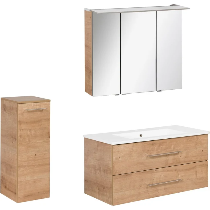 FACKELMANN B.PERFEKT Badmöbel Set 4-teilig 103 cm breit, Braun hell, Waschbecken Keramik Weiß + LED Spiegelschrank + Midischrank – Bild 1