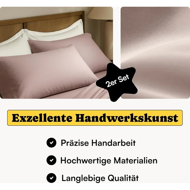 Seralino Seitenschläferkissenbezug Mako Satin Kissenbezug (100% Bio Baumwolle) weich, hautfreundlich, (2 Stück), Fairtrade/ GOTS zertifizierte uni Kissenhülle mit Reißverschluss – Bild 2
