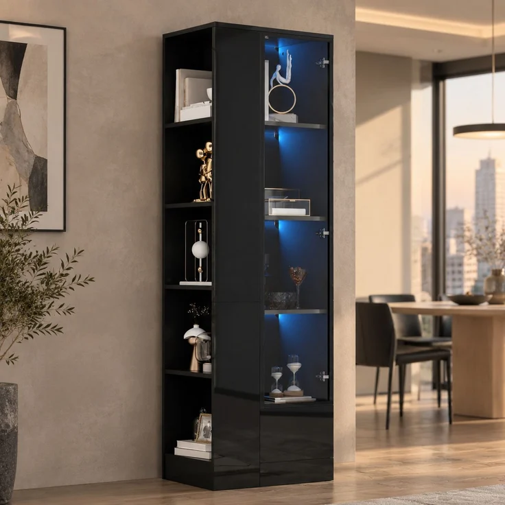 Glasvitrine 50 x 35 x 160 cm aus Spanplatte und Glas mit LED, Hochglanz in Schwarz – Bild 2