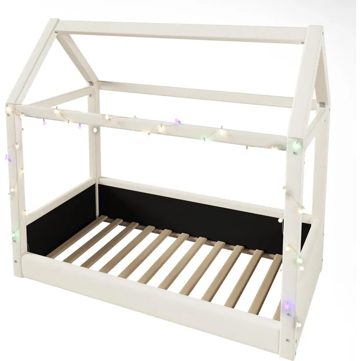 Hausbett mit Lattenrost und RGB LED-Lichterkette, 90x200cm, gepolstertes Kinderbett, Leinenbezug – Bild 6