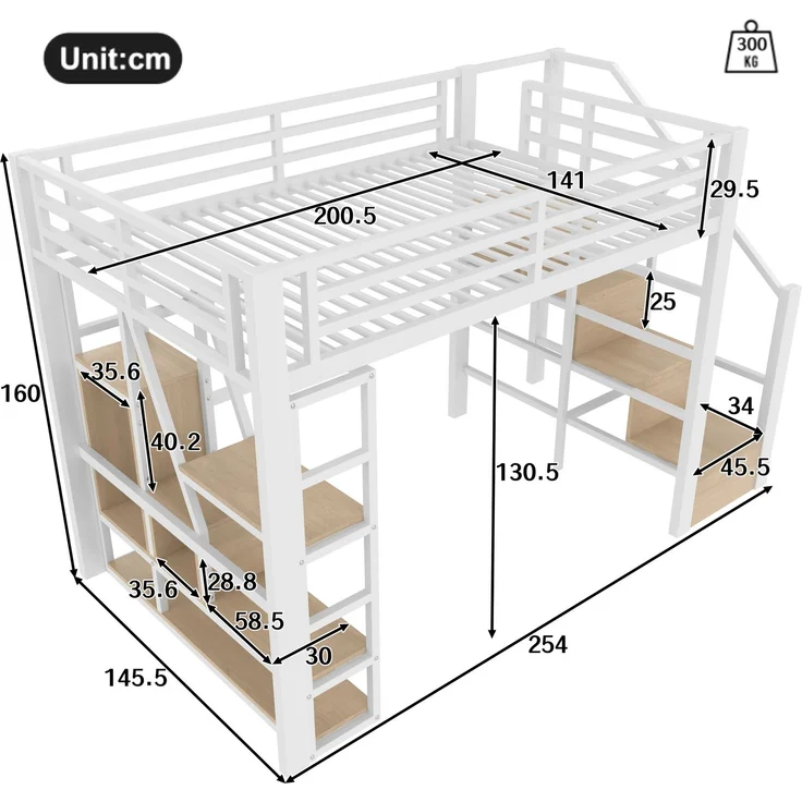CHICFURN Hochbett Metall und MDF Weiß 140x200 cm mit LED-Beleuchtung und Stauraum – Bild 10