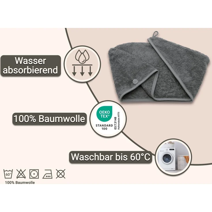 ZOLLNER Haarturban / Kopfhandtuch aus Baumwolle, 64 cm, grau – Bild 2