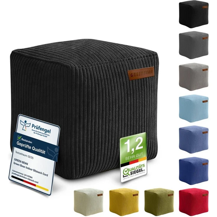 Green Bean Indoor Cord Sitzhocker Pouf Cube 40 x 40 x 40 cm mit EPS-Perlen Füllung - kuschelig weich waschbar - die ideale Ergänzung zum Sitzsack für Kinder & Erwachsene - Schwarz – Bild 1