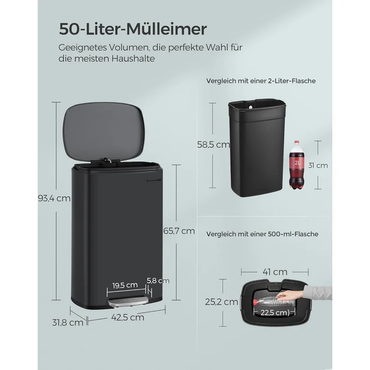 Songmics Mülleimer mit Deckel und Softclose, Stahl, 42,5 x 31,8 x 65,7 cm, 50 Liter, Schwarz – Bild 5