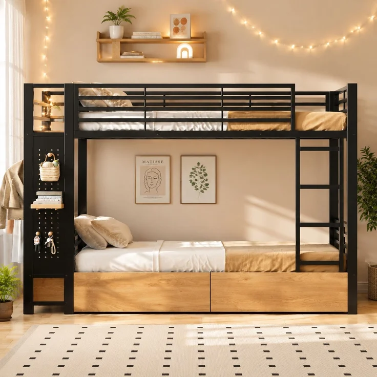 Etagenbett, 90 x 200 cm,Eisenrahmen,4 Schubladen,mehrere Ablageflächen,mit LED-Lichtleiste,Lochwand,mit Kleiderstange,Stauraum,Matratze nicht im Lieferumfang enthalten,Schwarz – Bild 2