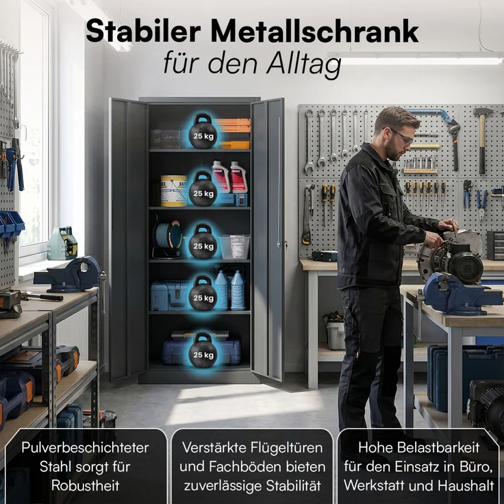 STEELSØN 'Regulus' Aktenschrank, Metall, anthrazit, 175x40x80 cm, abschließbar, Metallschrank mit 5 Fächern, geeignet als Werkzeugschrank – Bild 3