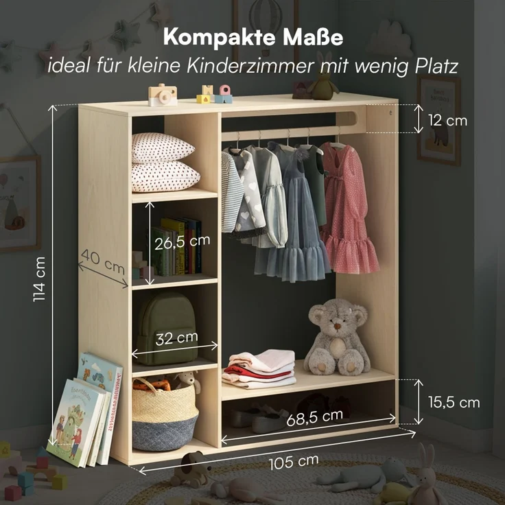 Bellabino 'Tea' Kindergarderobe, natur unbehandelt, Sperrholz Birke, 114x40x105 cm, Kinderkleiderschrank mit Kleiderstange und 6 Ablagefächern – Bild 6