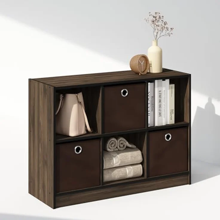 Furinno Cubic Kleiderschrank-Organizer und Aufbewahrung, 6-Fach Würfelregal mit Boxen, Offenes Regal Kleiderschrank-Aufbewahrung, Columbia Walnuss/Dunkelbraun – Bild 1