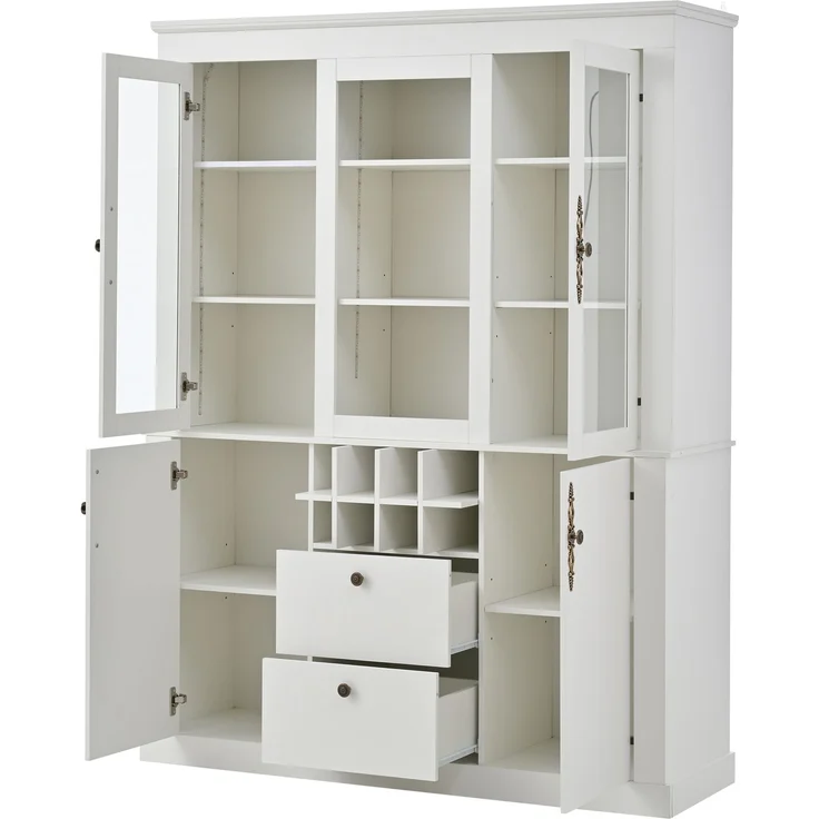 130*37.5*170.5cm Vitrine, Standvitrine mit 2 Schubladen 4 Schranktüren, Glasvitrine mit LED, Wohnzimmerschrank 130 cm breit, Multifunktionsschrank mit 8 Weinregal, Großer Schrank, Weiß – Bild 9