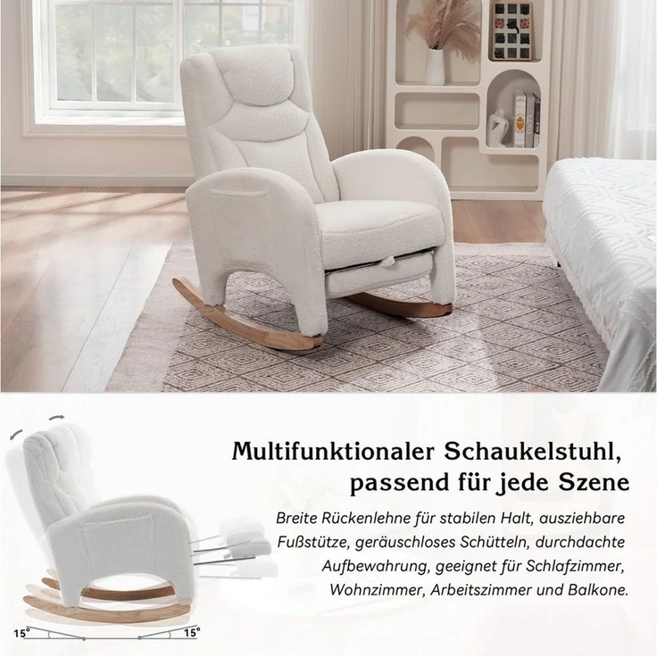 BlingBin Schaukelstuhl Relaxsessel (1 St), Wohnzimmersessel mit Armlehnen und Fußstütze Teddystoff – Bild 3