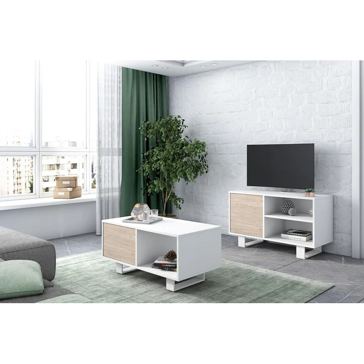 Skraut Home | Couchtisch mit Türen | 92 x 50 x 45 cm | Esszimmer | Modell Wind| Farbe Weiß/Eiche – Bild 5