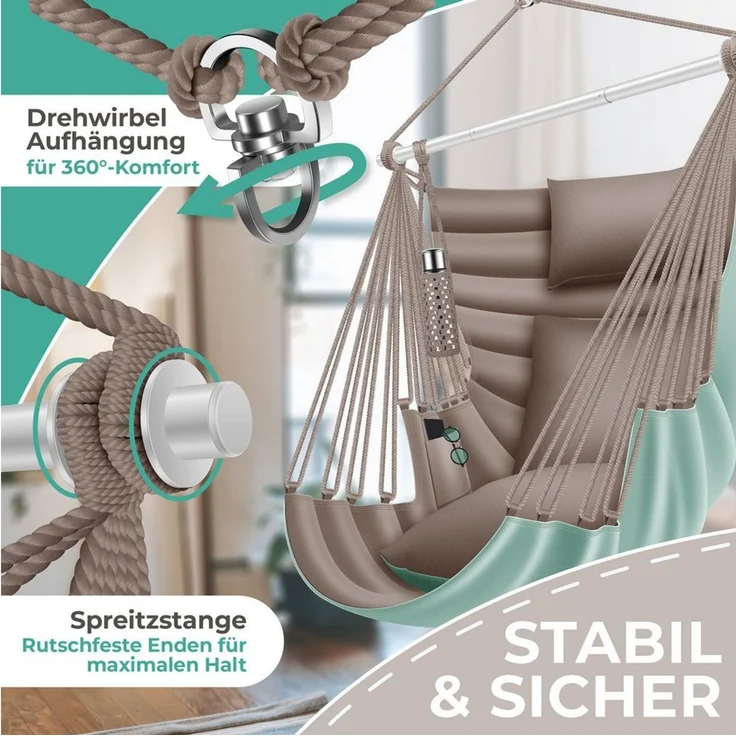 KESSER® 'Haiti' Hängesessel, 360° drehbar, UV-beständig & wasserfest, inkl. 2 Kissen, Tragetasche, Flaschenhalter & Montage-Set, grün/taupe, bis 150 kg belastbar – Bild 2