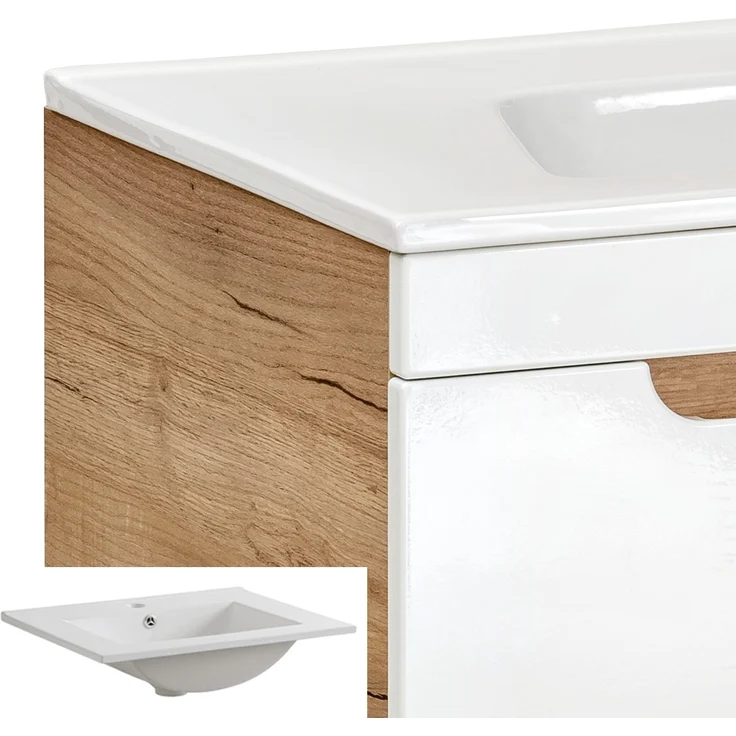 Badmöbelset in Hochglanz weiß mit Wotan Eiche Nb. LUTON-56 mit 61 cm Keramik-Waschtisch, B/H/T ca. 110/200/46 cm – Bild 3
