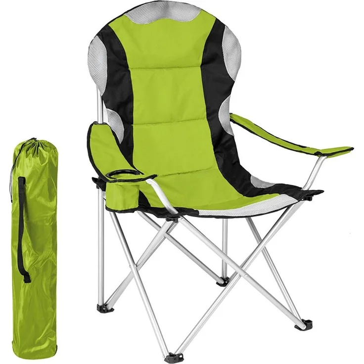 BAKAJI Folding Camping Stuhl gepolstert mit Tasche Camping Meer Stuhl Strand Angeln im Freien Stahl und Polyester mit Tür Fach Getränke und Smartphone (Grün)