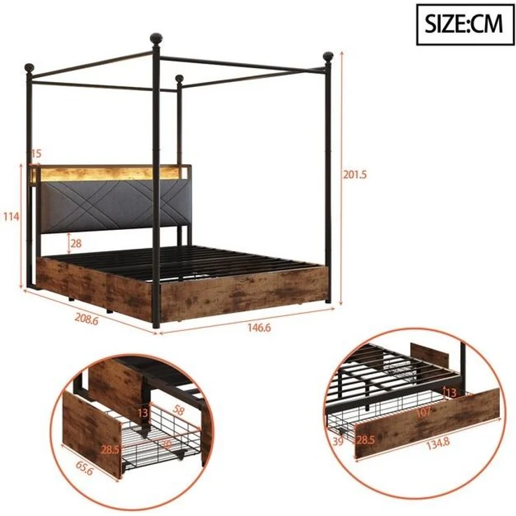 STILVORA Stauraumbett 140x190 mit Schublade&Baldachin,Eisenbett Bettgestell mit LED&USB (mit LED & USB/Typ-C, Stauraum, abnehmbarem Baldachin, Smart-Himmelbett 140x190 cm), ohne Matratze – Bild 4